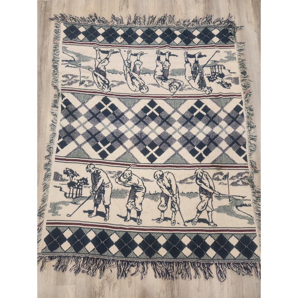 Vtg. Golf Throw Blanket Tapestry Fringe 45x56 Green Argyle Country Club Man Cave
